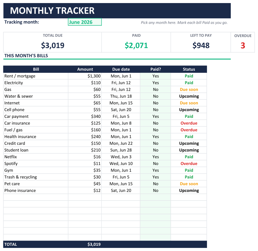 Monthly Bill Payment Tracker preview